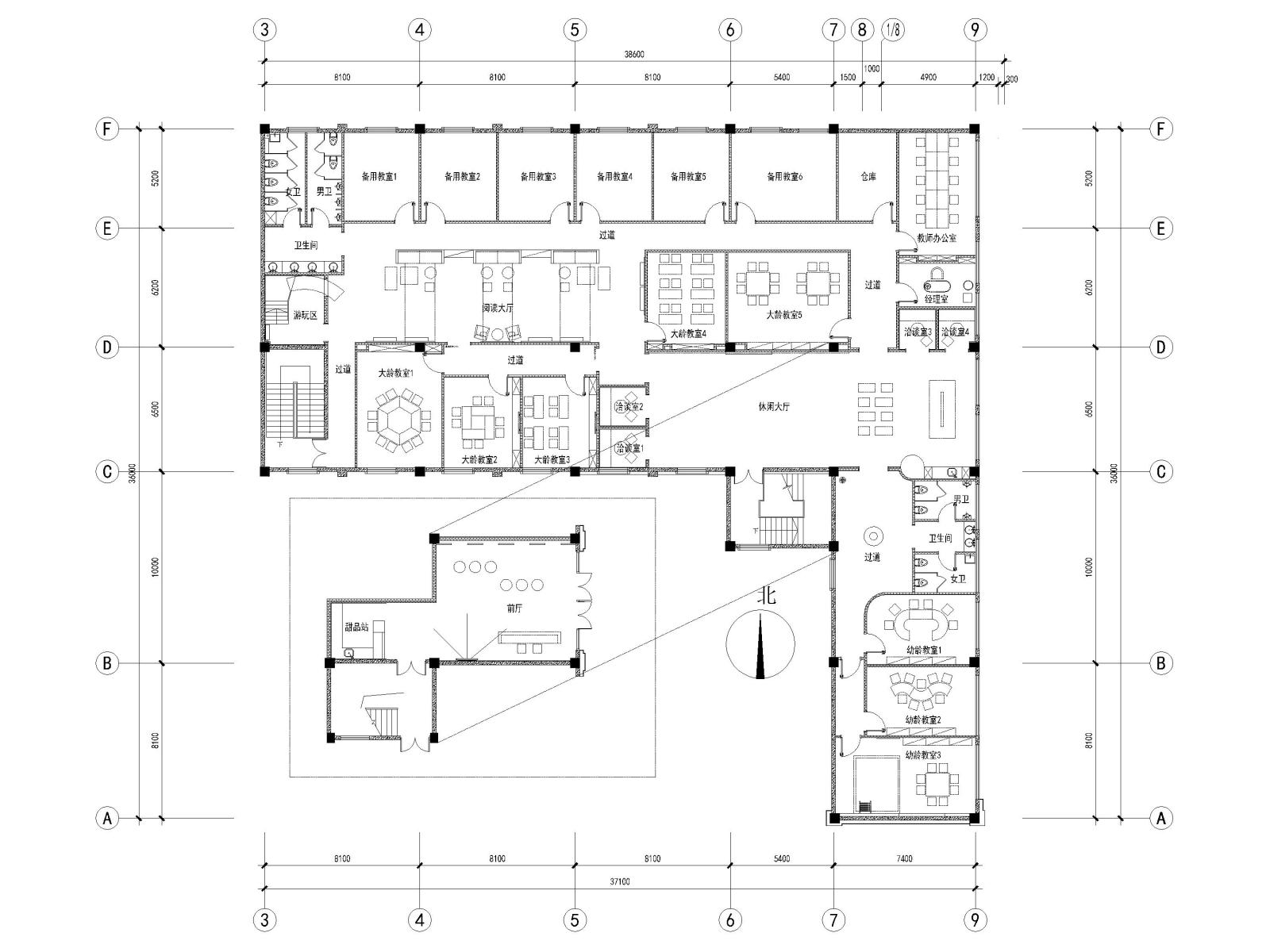 江苏800㎡英语培训中心室内装饰施工图cad施工图下载【ID:1131206844】