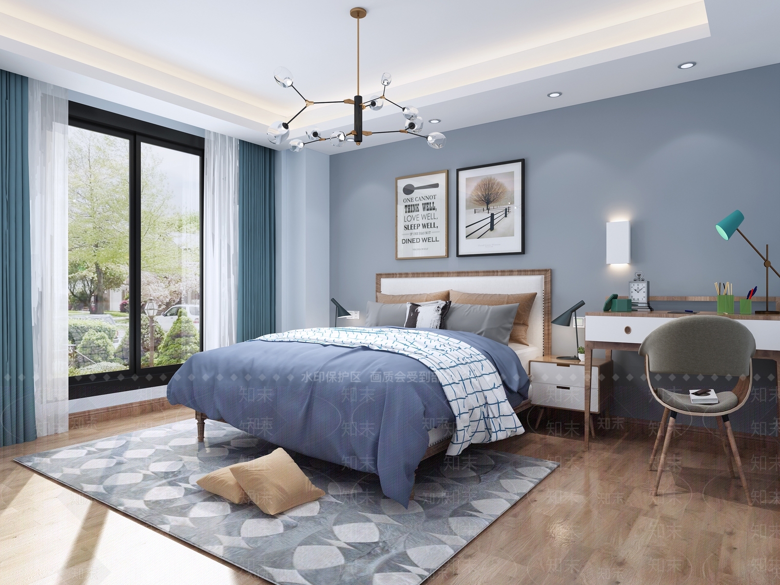 北欧现代北欧卧室床吊灯书桌3D模型下载【ID:432936316】