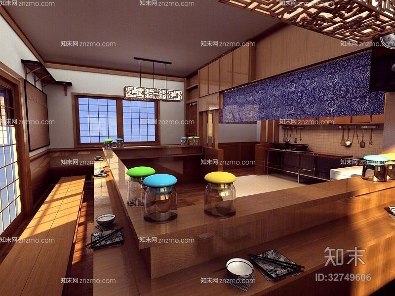 日式原木色日式餐厅3D模型下载【ID:32749606】