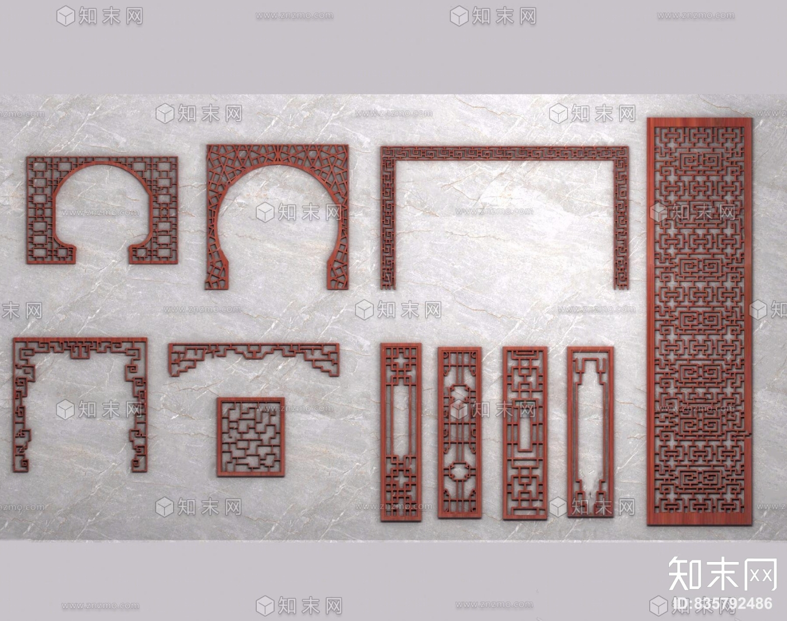 中式实木拱门屏风门洞隔断花格窗3D模型下载【ID:835792486】