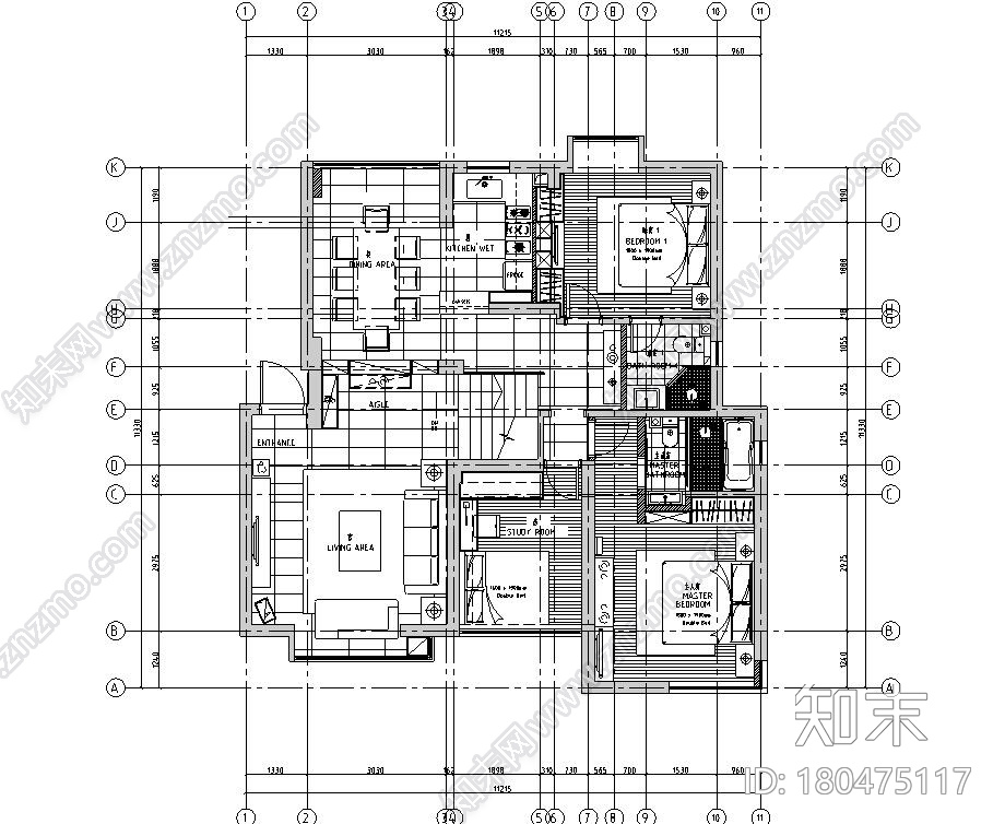 简约风格109㎡二室两厅住宅装修施工图设计cad施工图下载【ID:180475117】