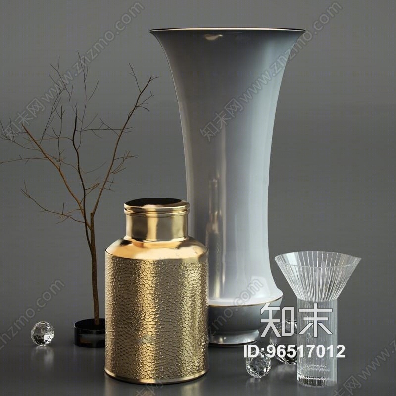 现代金属陶瓷器皿玻璃杯干枝摆件组合3D模型下载【ID:96517012】