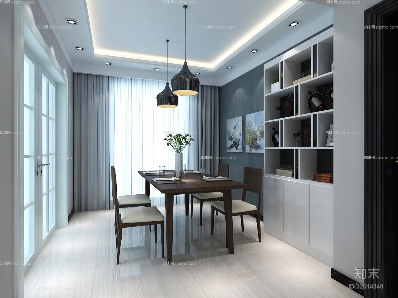 现代棕色木艺餐桌椅组合3D模型下载【ID:32614340】