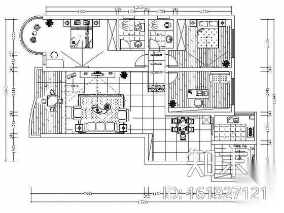 三居室装修图（含效果图）施工图下载【ID:161927121】