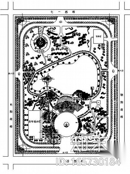 街区附属公园景观规划总图cad施工图下载【ID:165730184】