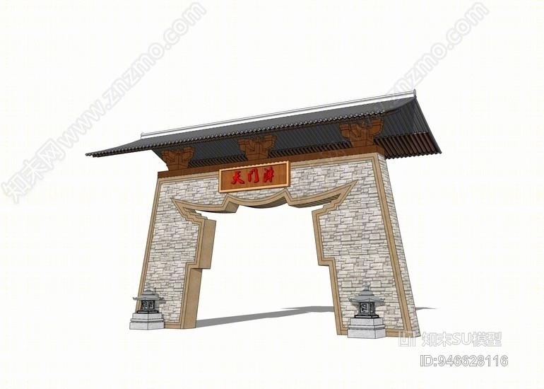 中式入口门廊SU模型下载【ID:946628116】