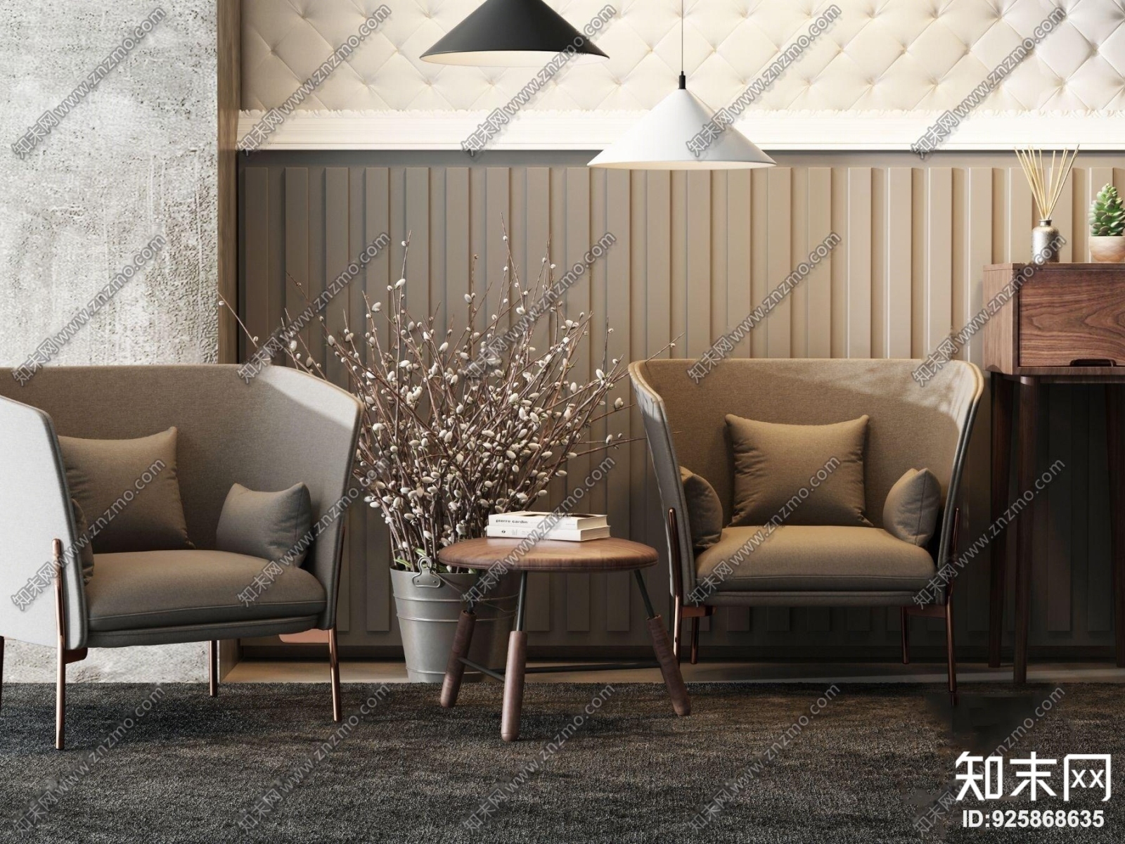 现代布艺单人高背沙发椅3D模型下载【ID:925868635】