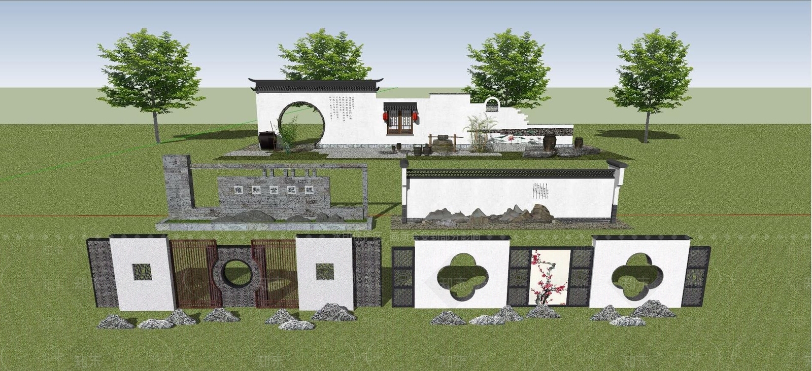 新中式景墙SU模型下载【ID:1117011061】