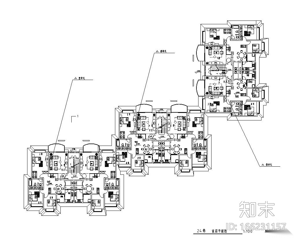 高层户型图-1梯2户点式户型设计cad施工图下载【ID:166231157】