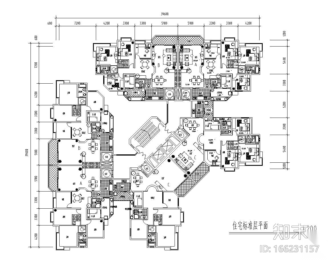 高层户型图-1梯2户点式户型设计cad施工图下载【ID:166231157】