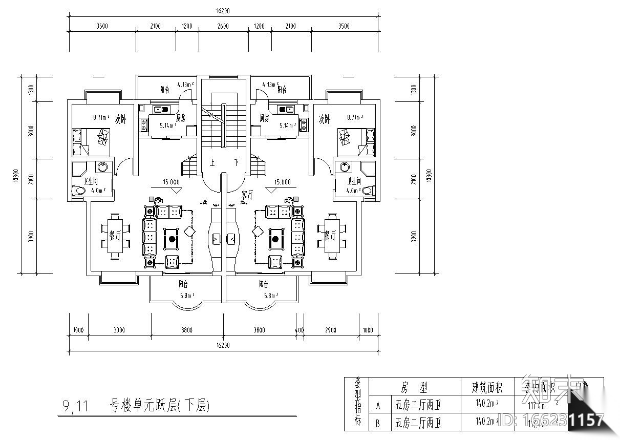 高层户型图-1梯2户点式户型设计cad施工图下载【ID:166231157】