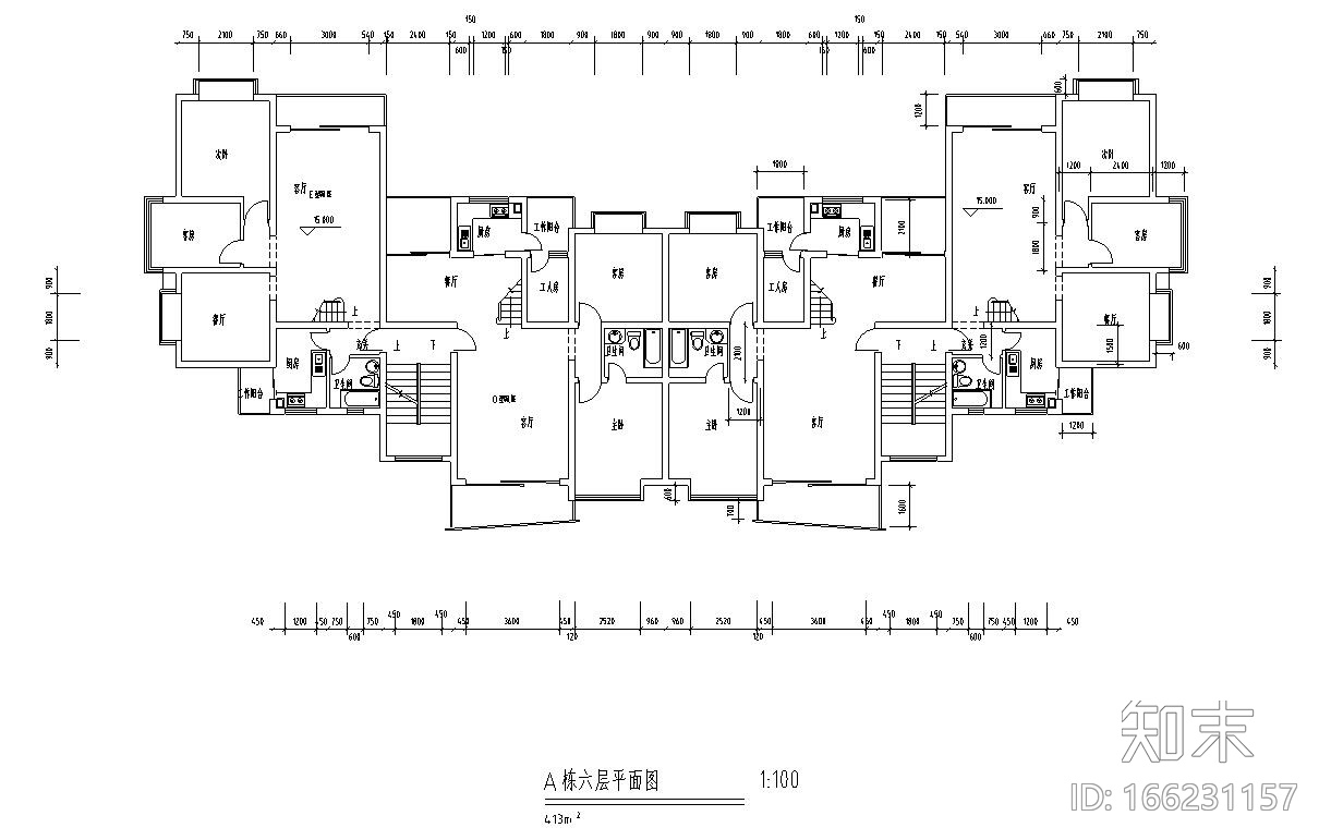 高层户型图-1梯2户点式户型设计cad施工图下载【ID:166231157】