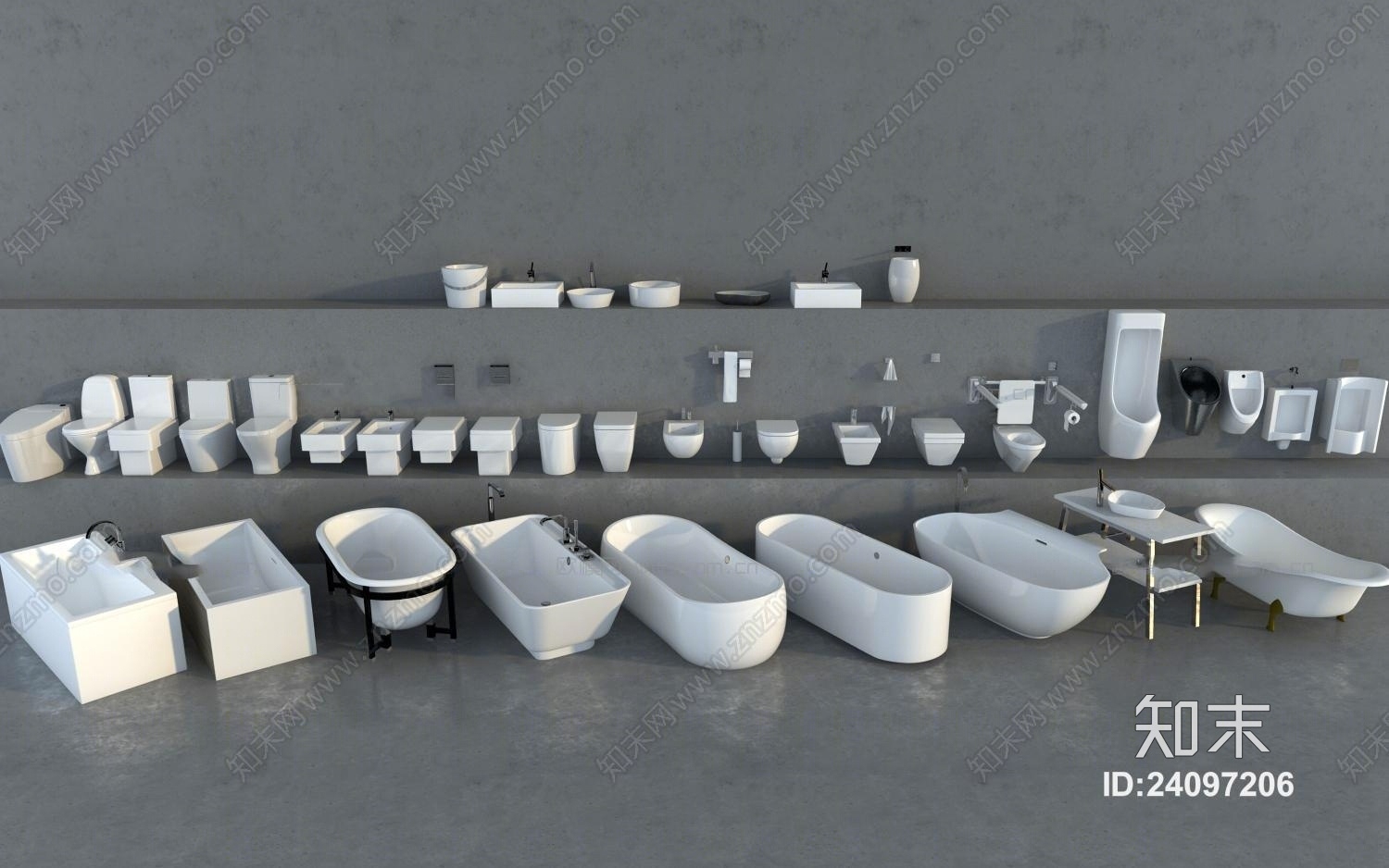 现代马桶浴缸台盆小便池组合3D模型下载【ID:24097206】