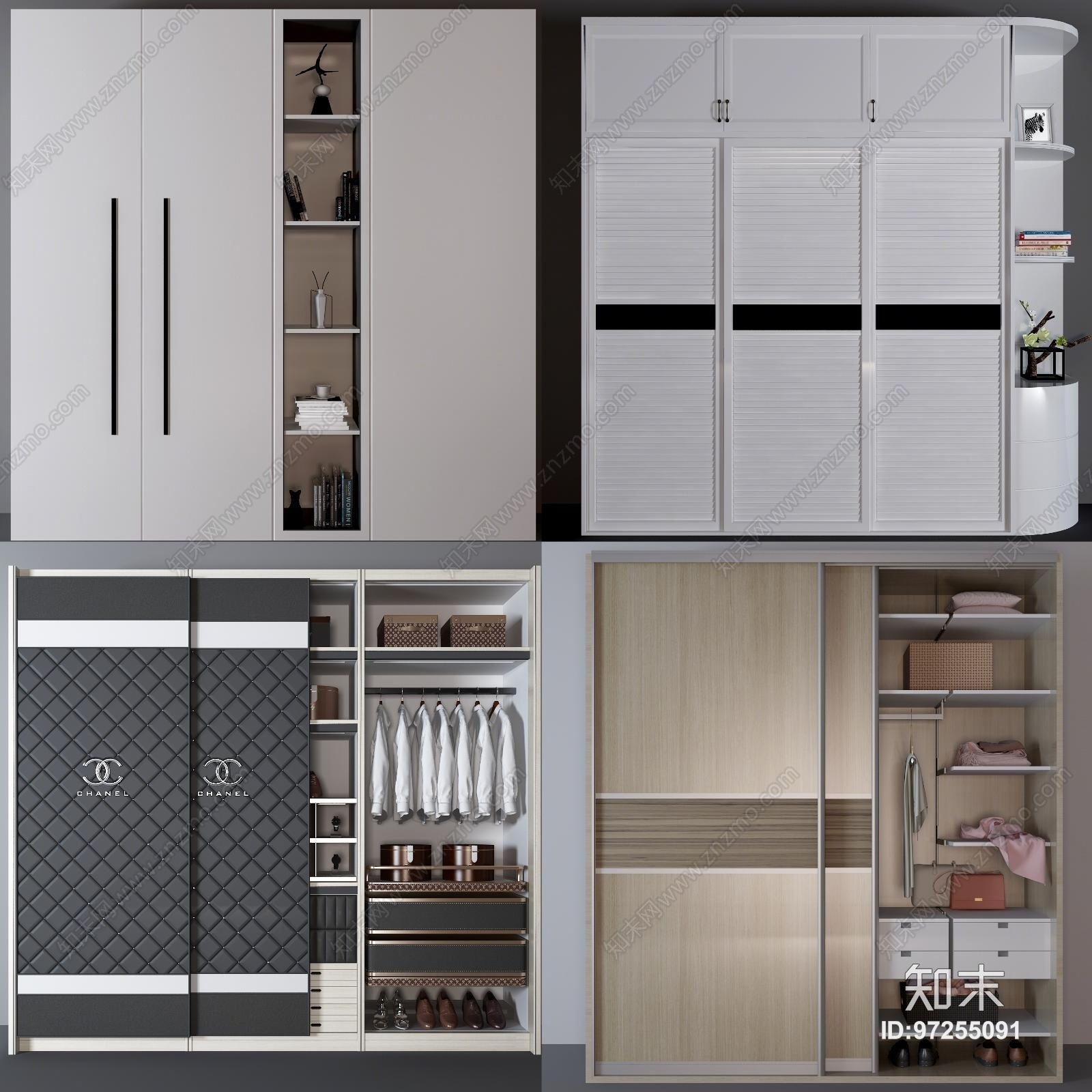 现代衣柜软包百叶推拉门移门组合3D模型下载【ID:97255091】