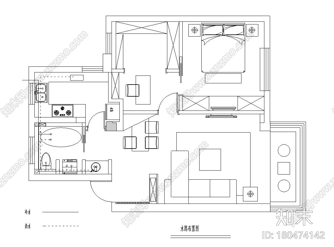 [江苏]现代简约65㎡一室两厅住宅装修施工图施工图下载【ID:180474142】