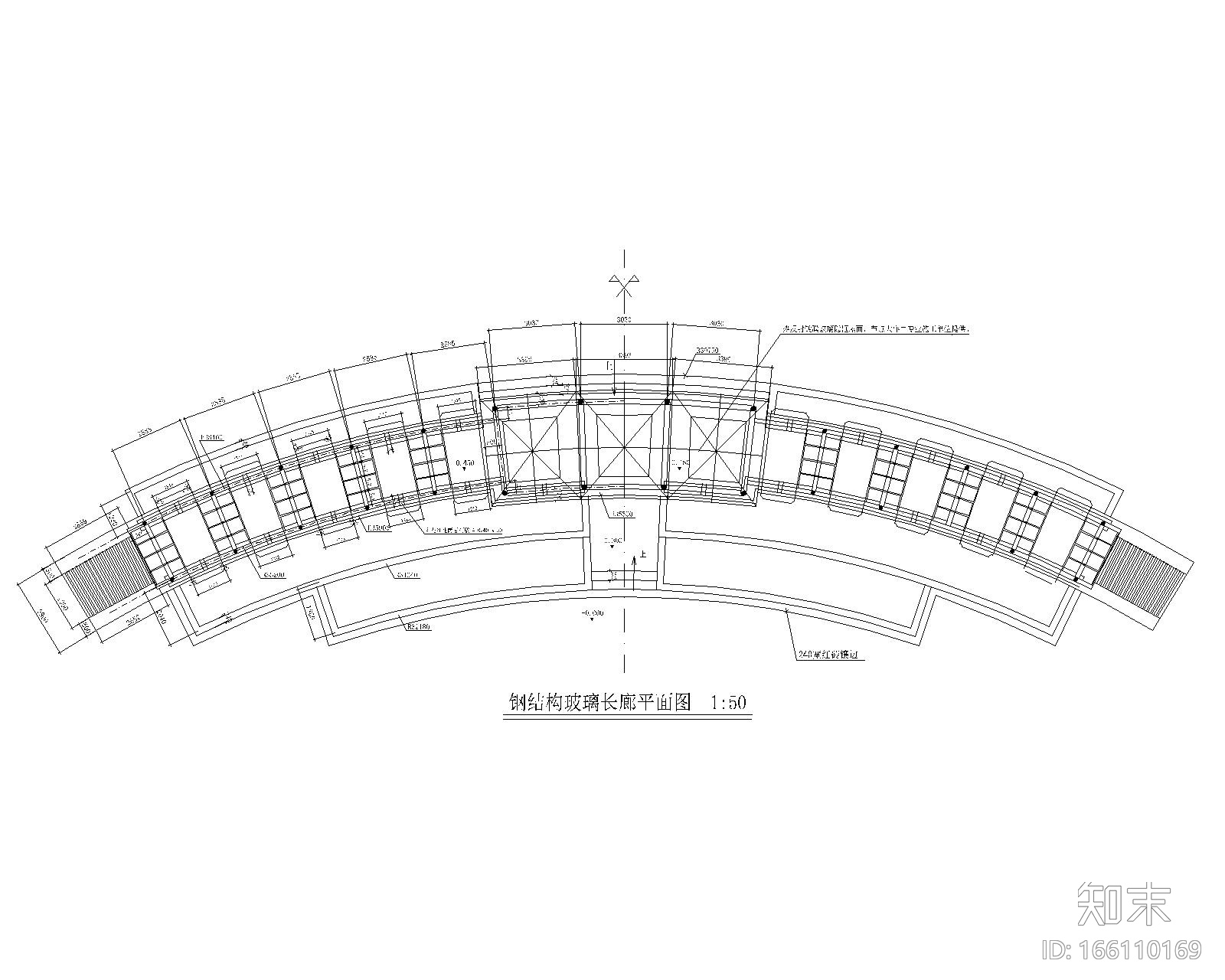 某钢结构玻璃长廊施工图（CAD）cad施工图下载【ID:166110169】