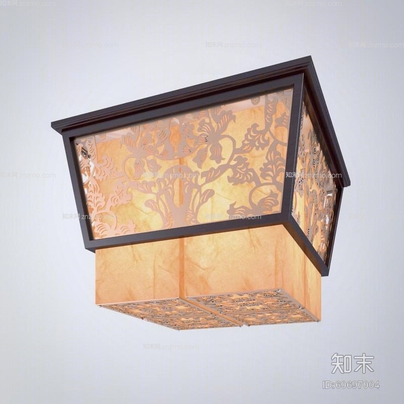 新中式原木色木艺吸顶灯3D模型下载【ID:60697004】