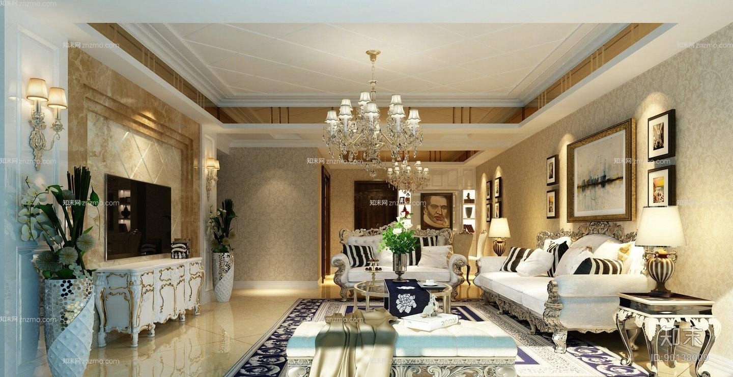 经典欧式白色木艺电视柜3D模型下载【ID:90138009】