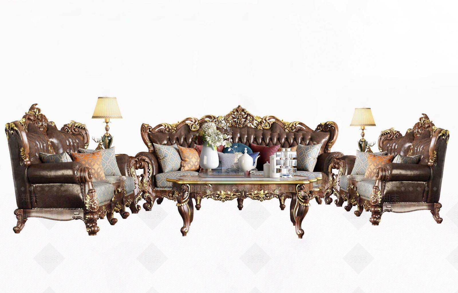 美式皮革沙发茶几组合3D模型下载【ID:1101322869】