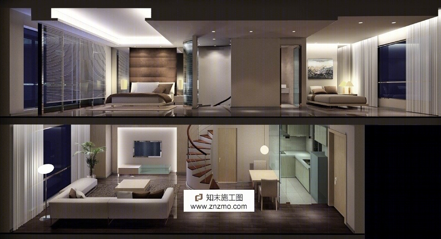 精品简约现代风格两层单身公寓室内装修设计施工图（含效果）cad施工图下载【ID:56900161】