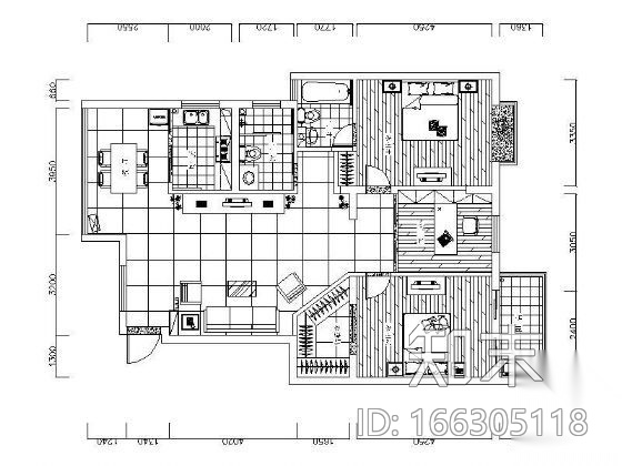 [毕业设计]三居室设计图cad施工图下载【ID:166305118】