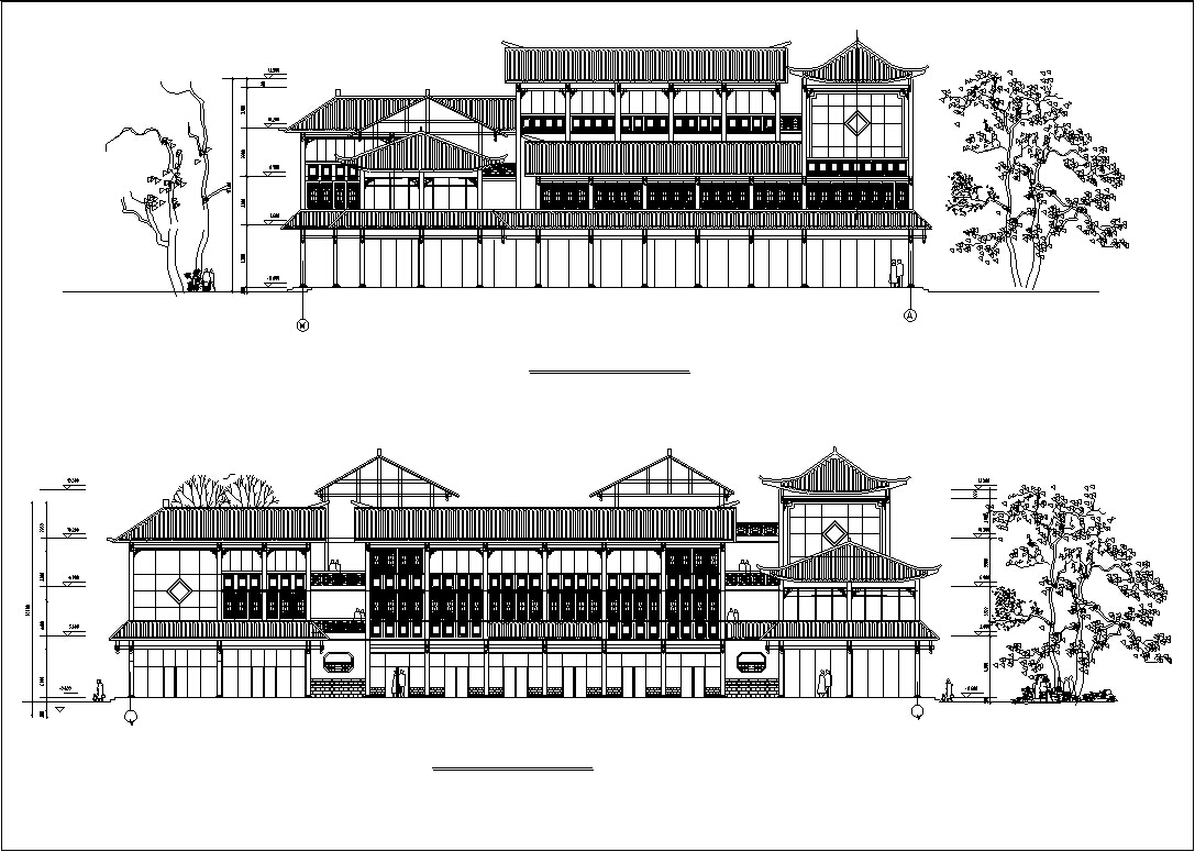 中式仿古多层民居式客栈建筑设计初设图CADcad施工图下载【ID:164873186】