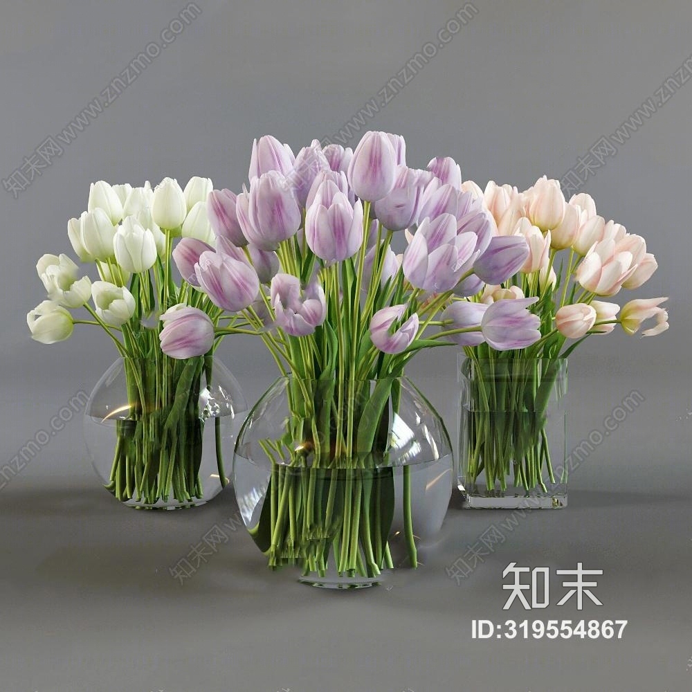 现代郁金香玻璃花瓶插花3D模型下载【ID:319554867】