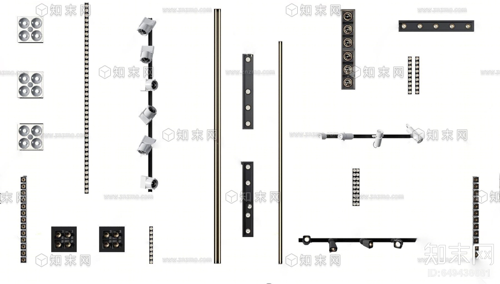 现代导轨射灯筒灯组合3D模型下载【ID:649438681】