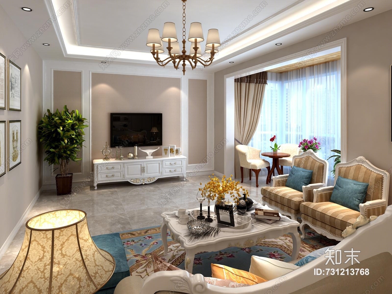 简欧客厅沙发茶几组合电视柜组合挂画吊灯书柜衣柜3D模型下载【ID:731213768】