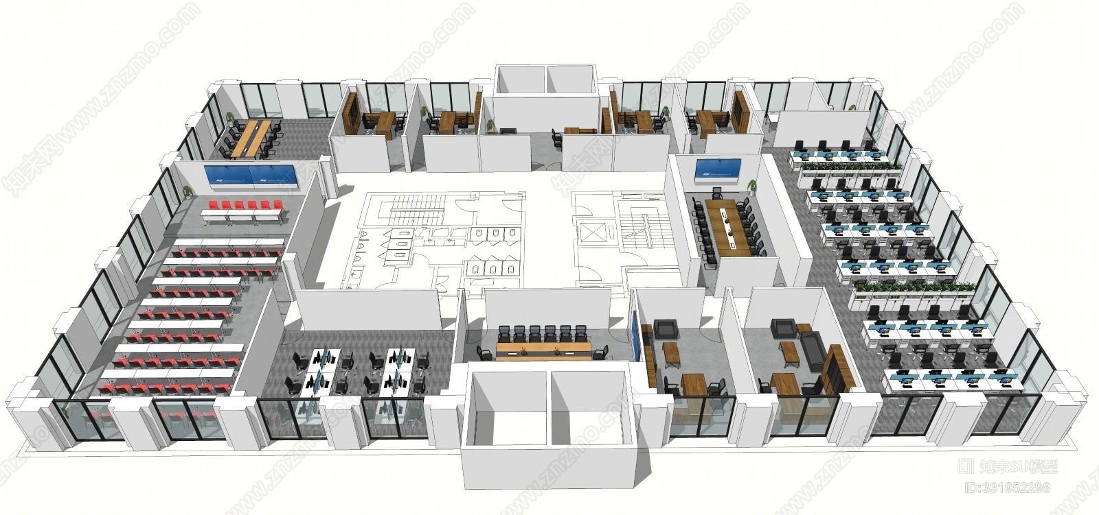 现代办公家具整层配套SU模型下载【ID:331952298】