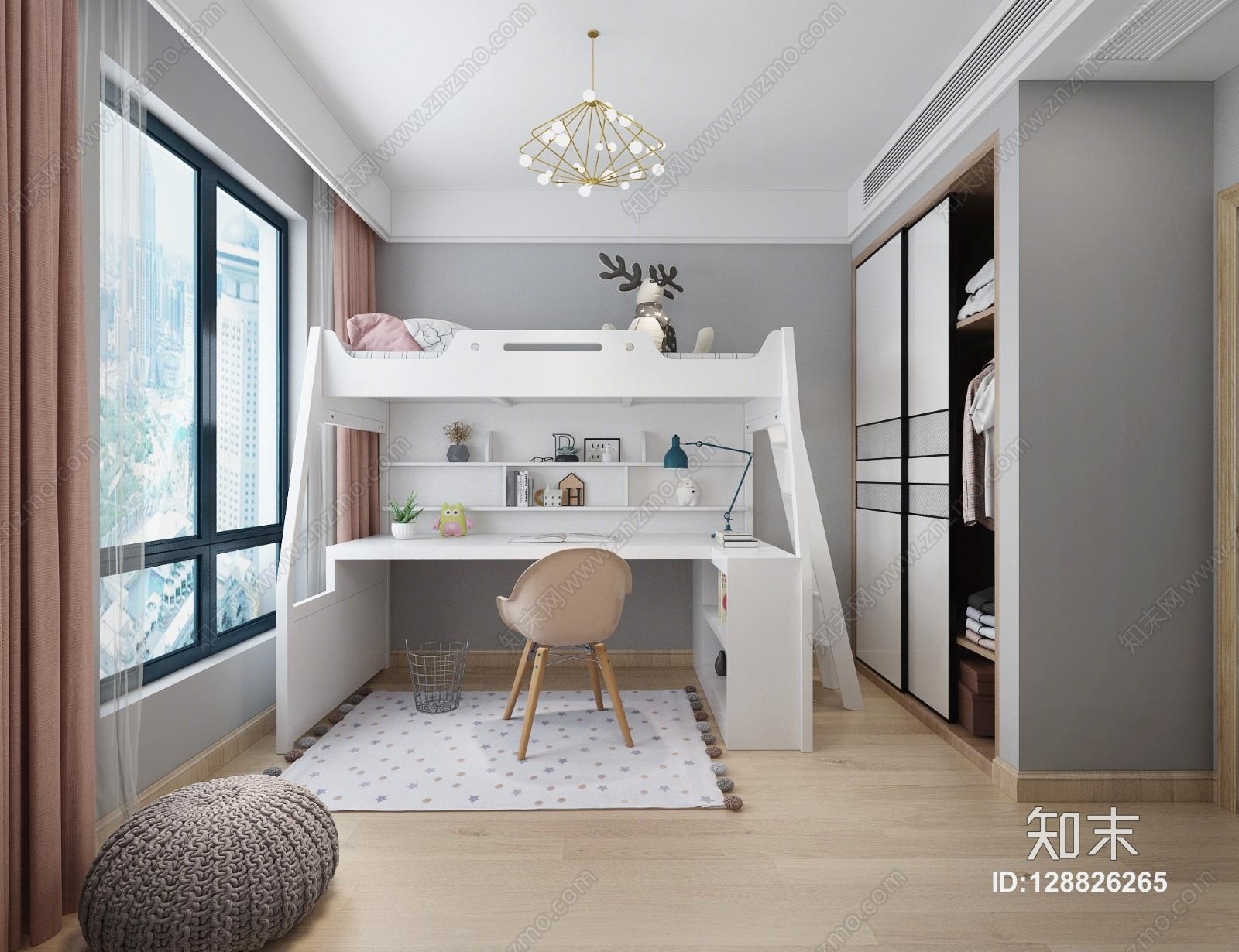 北欧现代儿童房上下铺3D模型下载【ID:128826265】