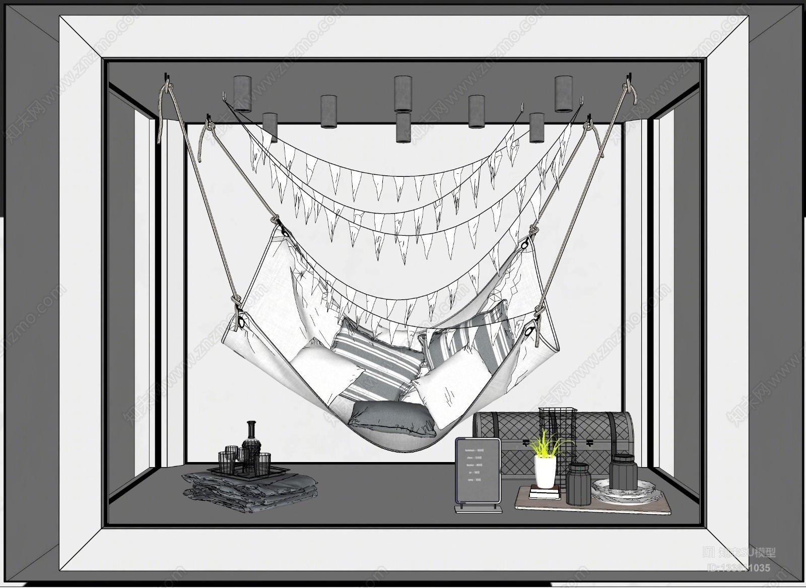 现代家纺吊床橱窗模型组合SU模型下载【ID:133811035】