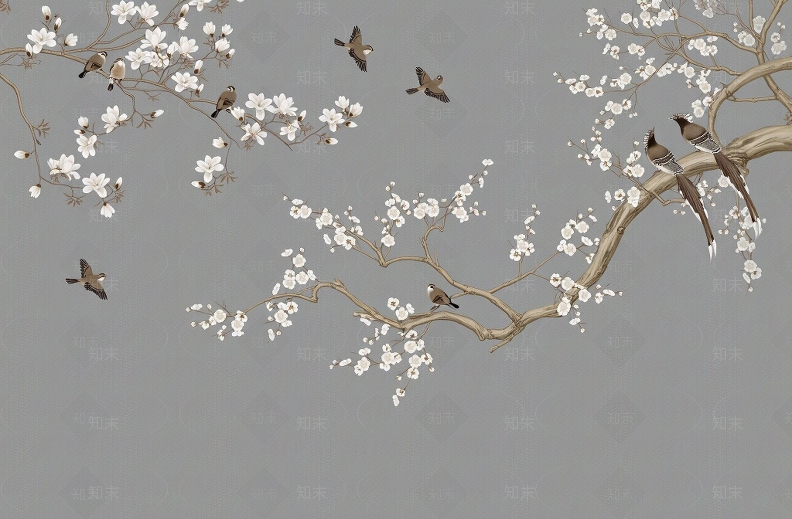 新中式花鸟壁纸壁画贴图下载【ID:1195310888】