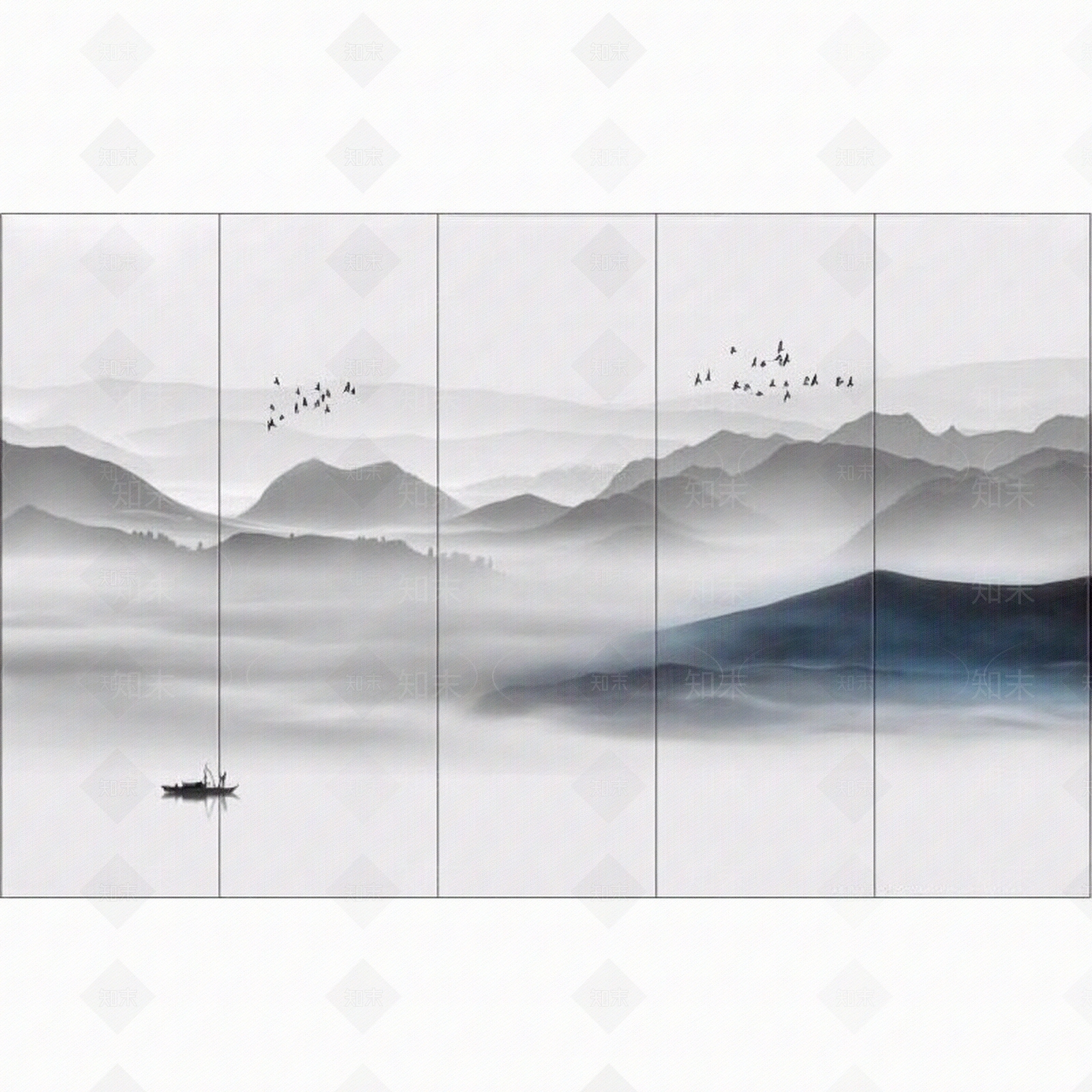 新中式山水壁画墙面硬包装饰贴图下载【ID:1195312096】