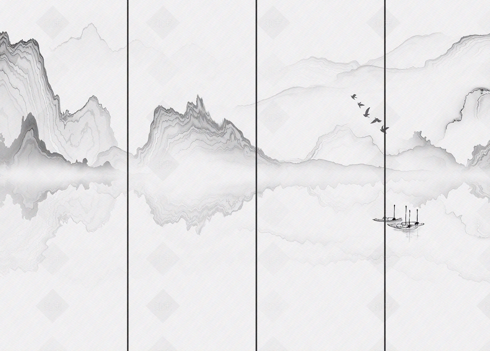 新中式山水壁画装饰画背景墙贴图下载【ID:1195344731】