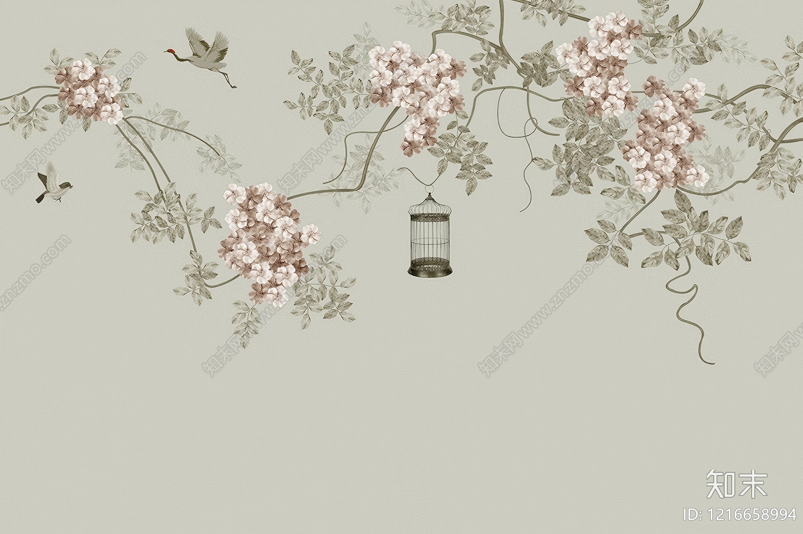 新中式花鸟壁纸贴图下载【ID:1216658994】