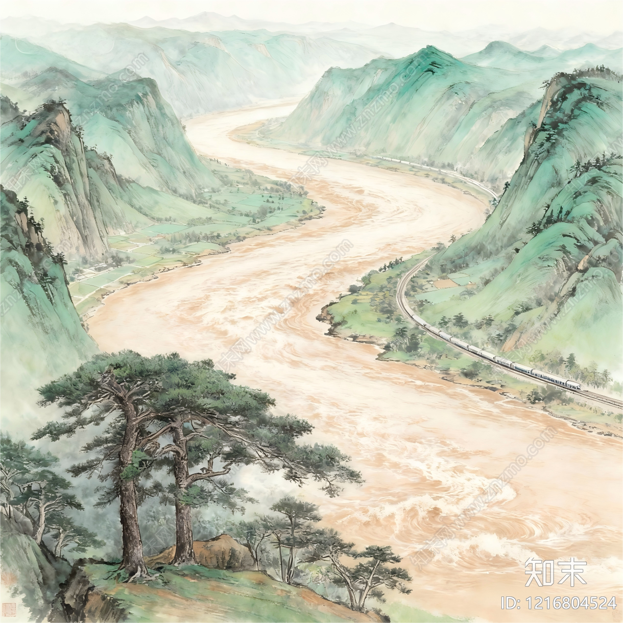 新中式山水画贴图下载【ID:1216804524】