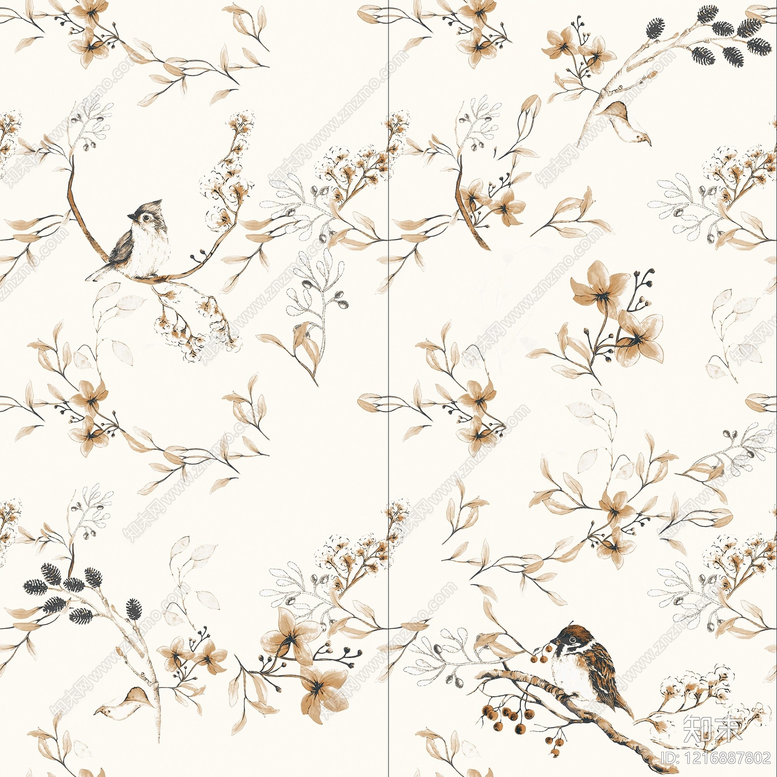 新中式花鸟壁纸贴图下载【ID:1216887802】