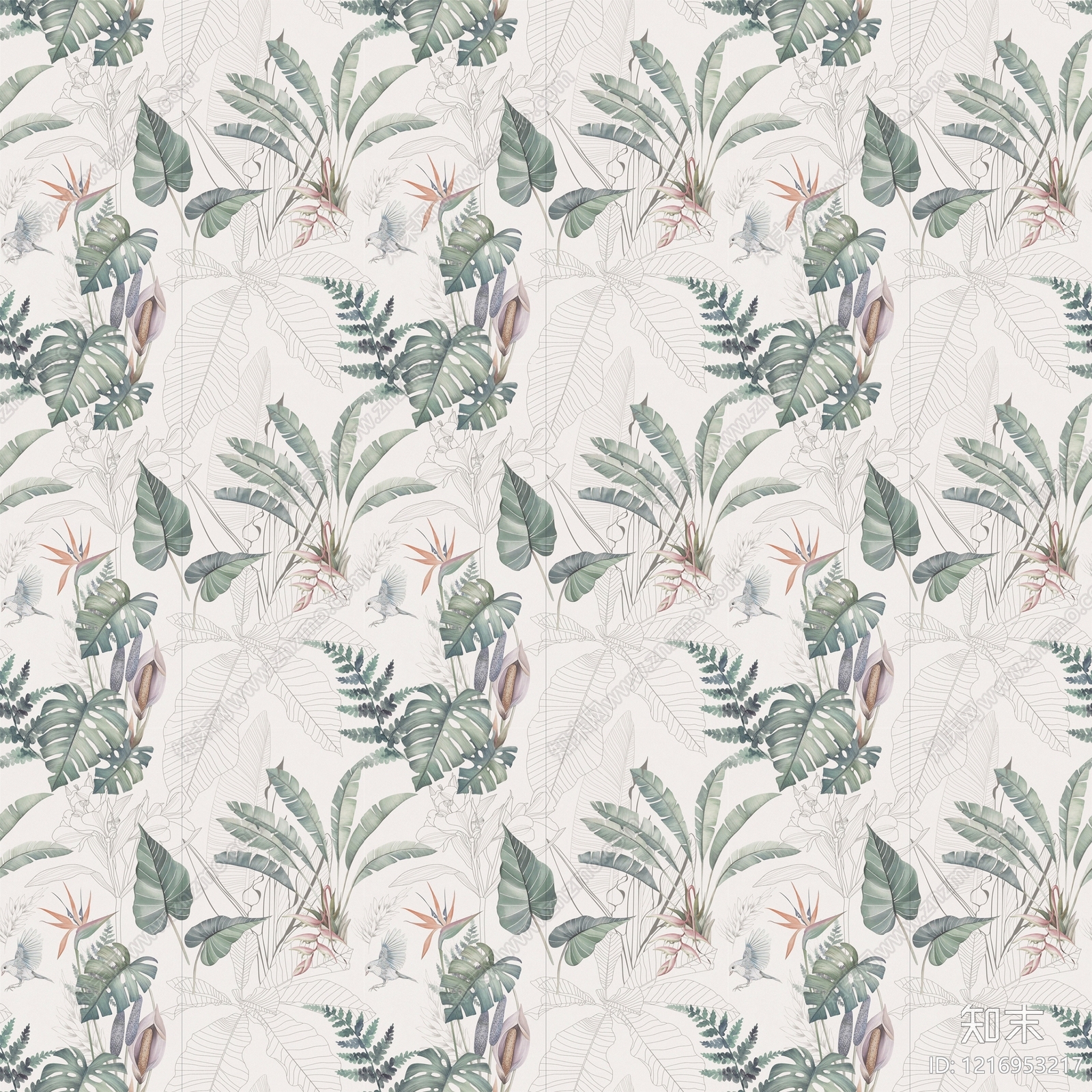 复古花鸟壁纸贴图下载【ID:1216953217】