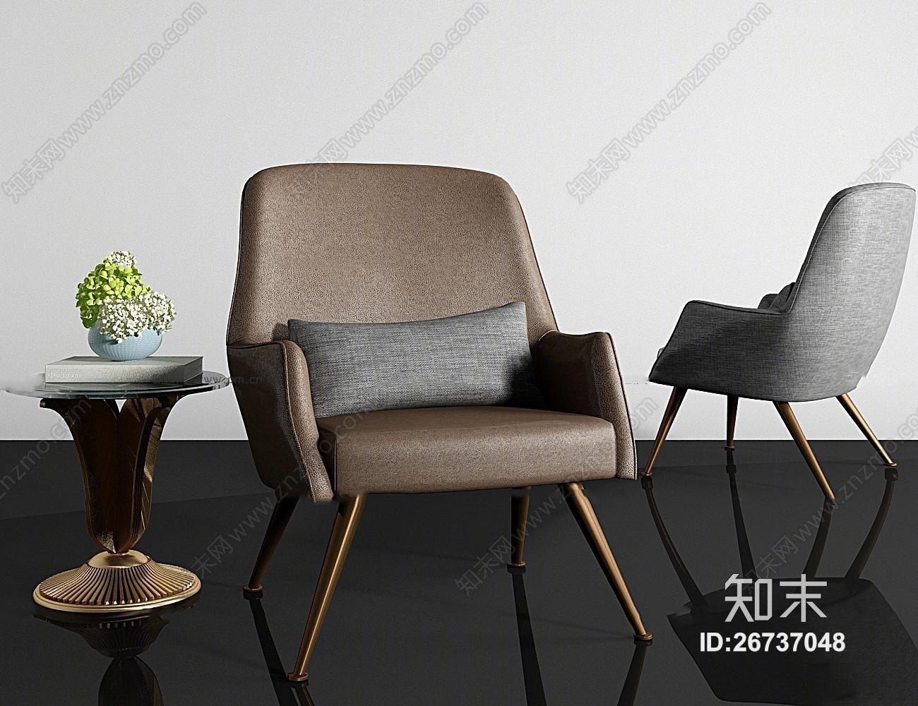 现代皮革布艺单椅圆几组合3D模型下载【ID:26737048】