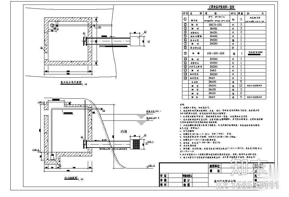 某内湖取水叠水送水泵房设计图cad施工图下载【ID:168533111】