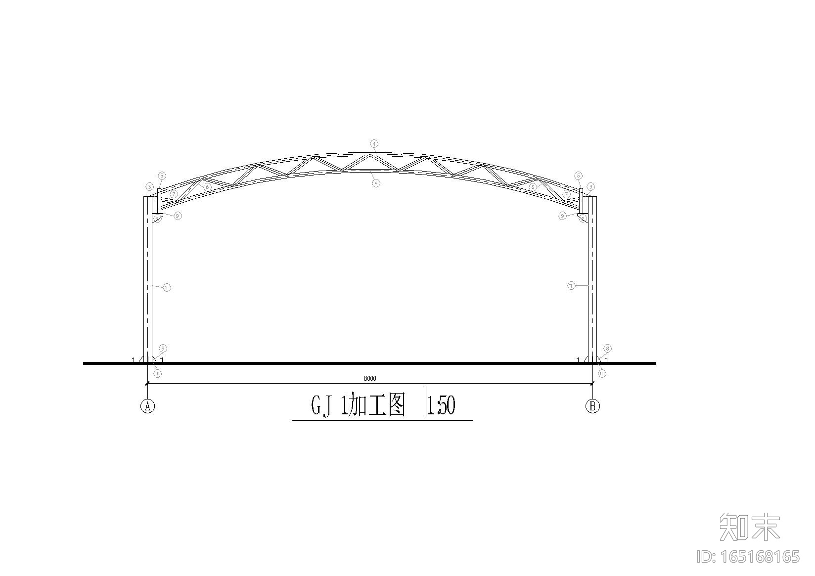 钢结构温室蔬菜大棚施工图（CAD、8张）cad施工图下载【ID:165168165】