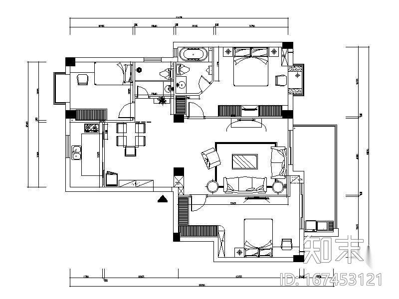 现代中式三室二厅装修图(含效果)cad施工图下载【ID:167453121】