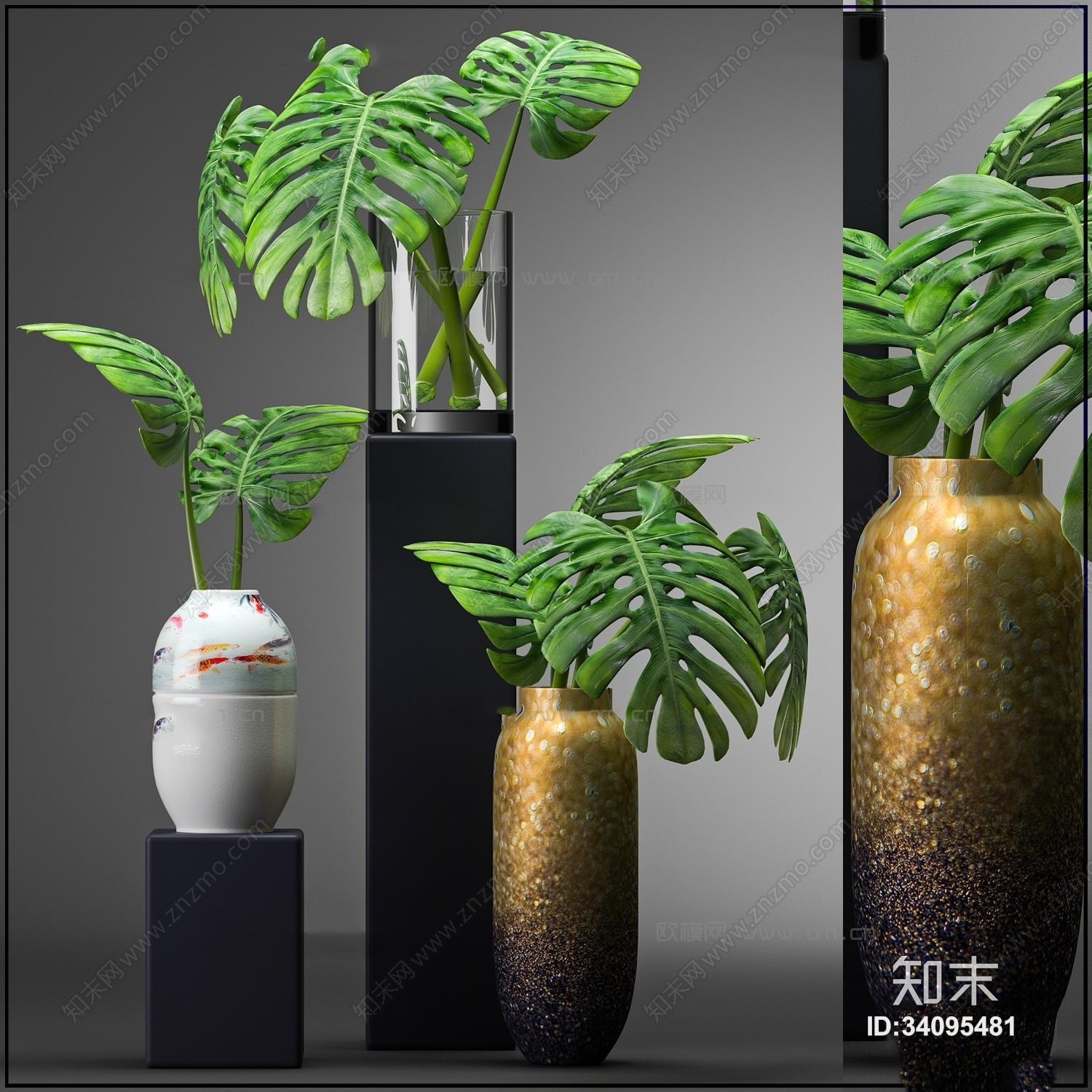 现代陶瓷花瓶龟背竹插枝组合3D模型下载【ID:34095481】