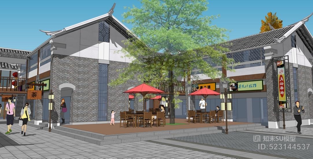 新中式农村商业街景观su模型3d模型下载【id:523144537】