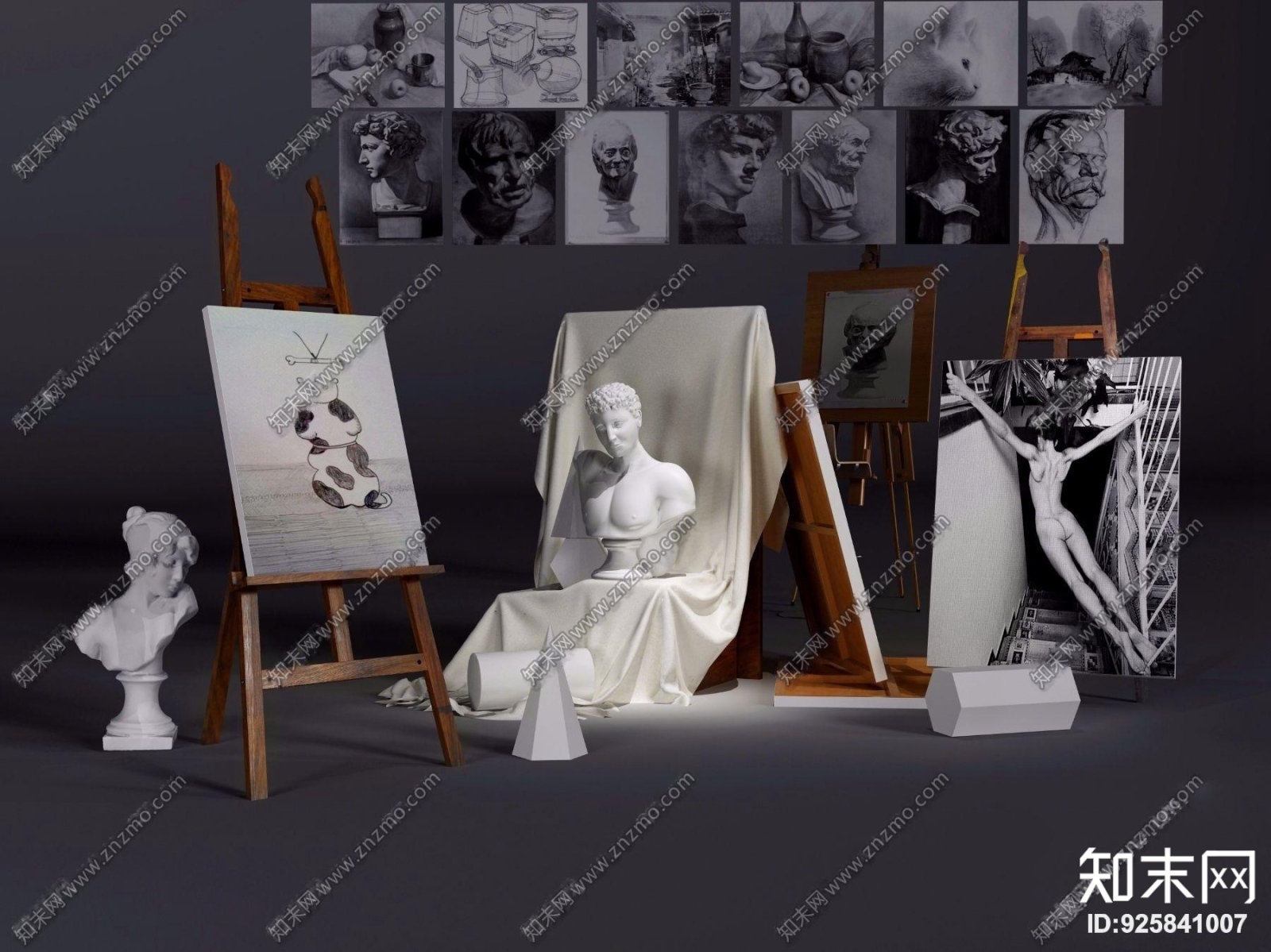 现代画架石膏雕塑美术器材3D模型下载【ID:925841007】