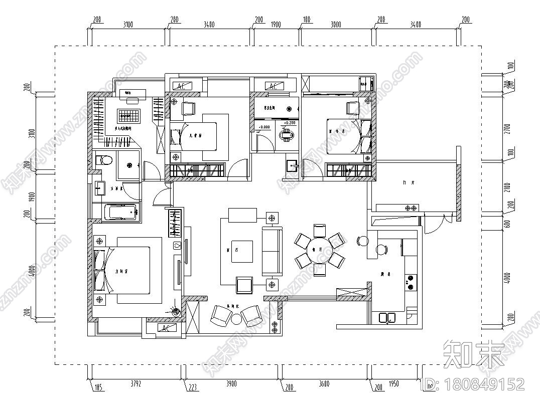 欧式风格156㎡3室2厅2卫住宅装修施工图设计cad施工图下载【ID:180849152】