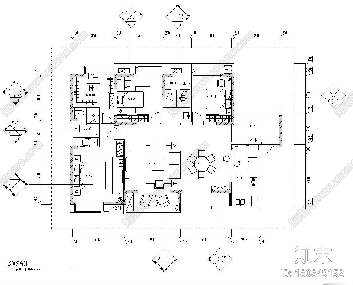 欧式风格156㎡3室2厅2卫住宅装修施工图设计cad施工图下载【ID:180849152】