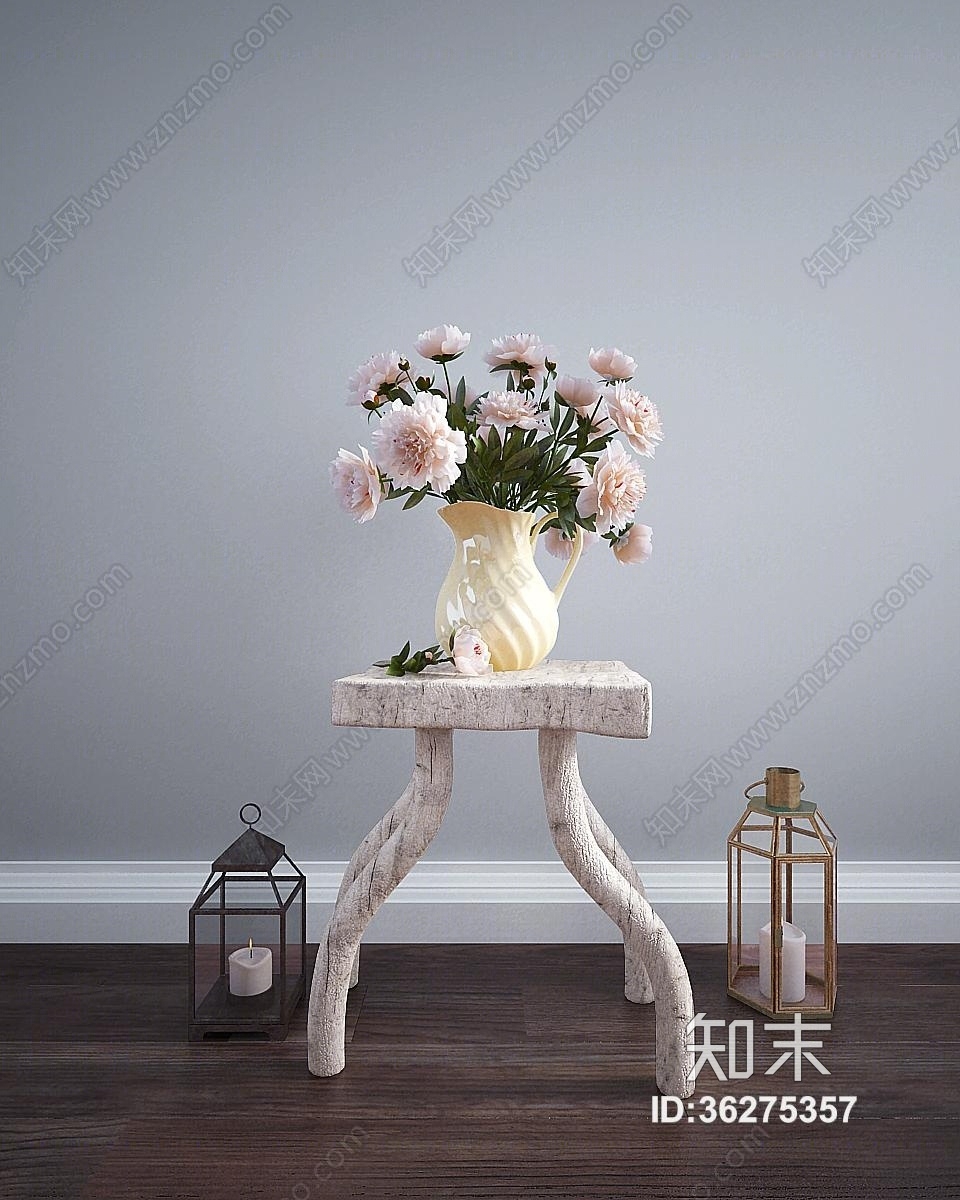 绿色植物牡丹花瓶子现代北欧模型3D模型下载【ID:36275357】