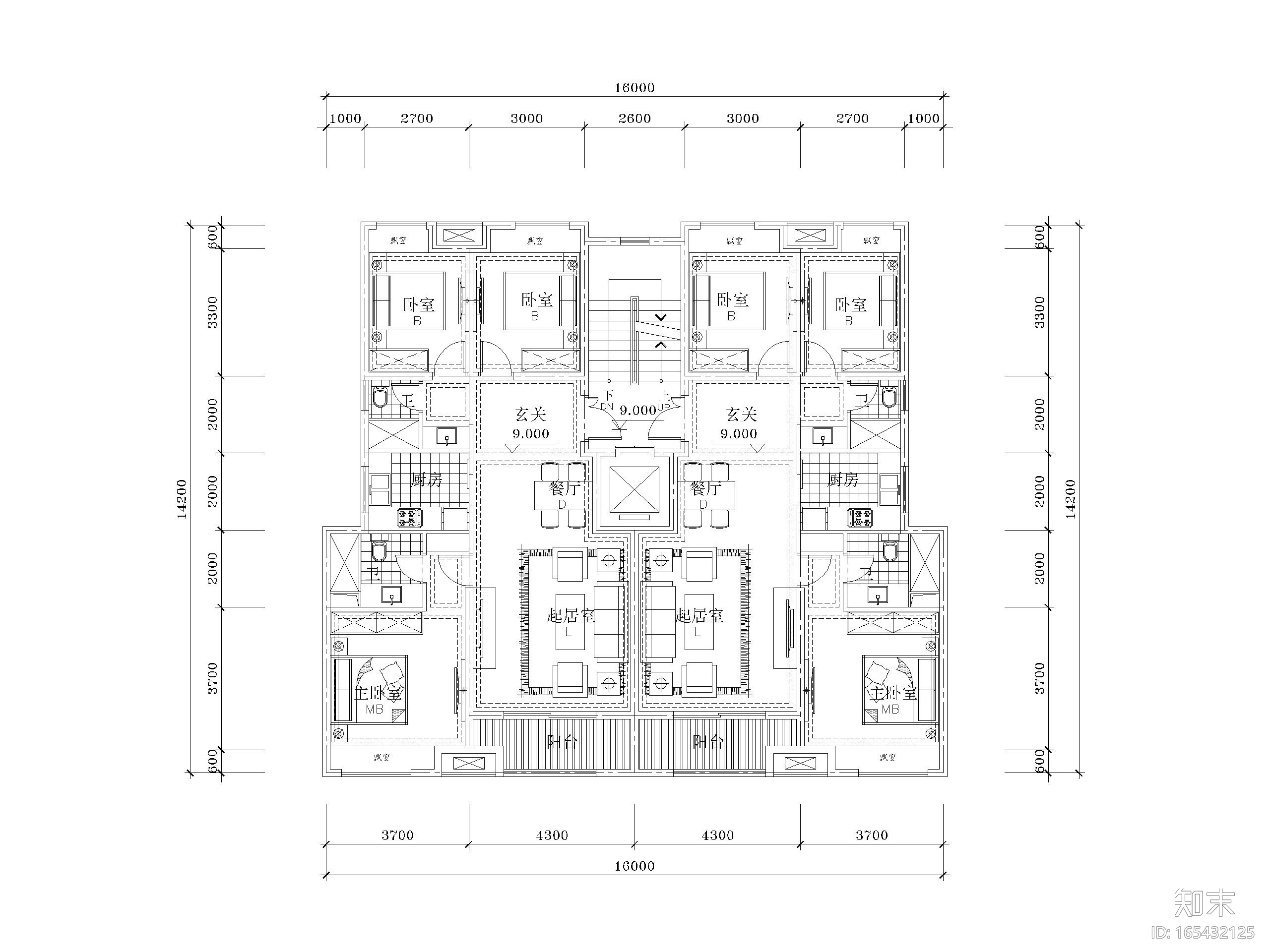 多层洋房1T2_2+2面宽16.2m户型(120+100+90)施工图下载【ID:165432125】